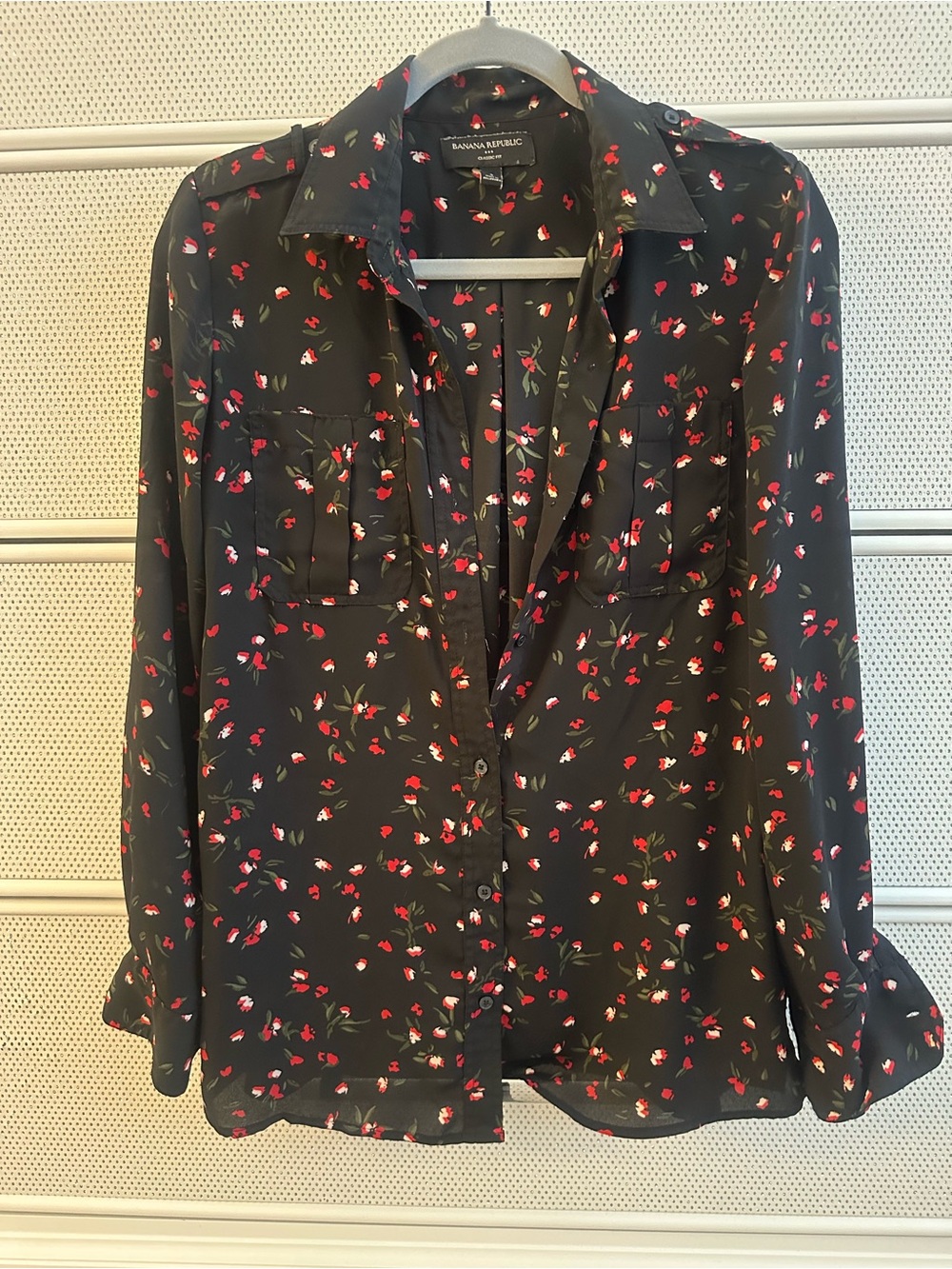 Banana Republic Black Floral Button-Down Shirt with Red Accents